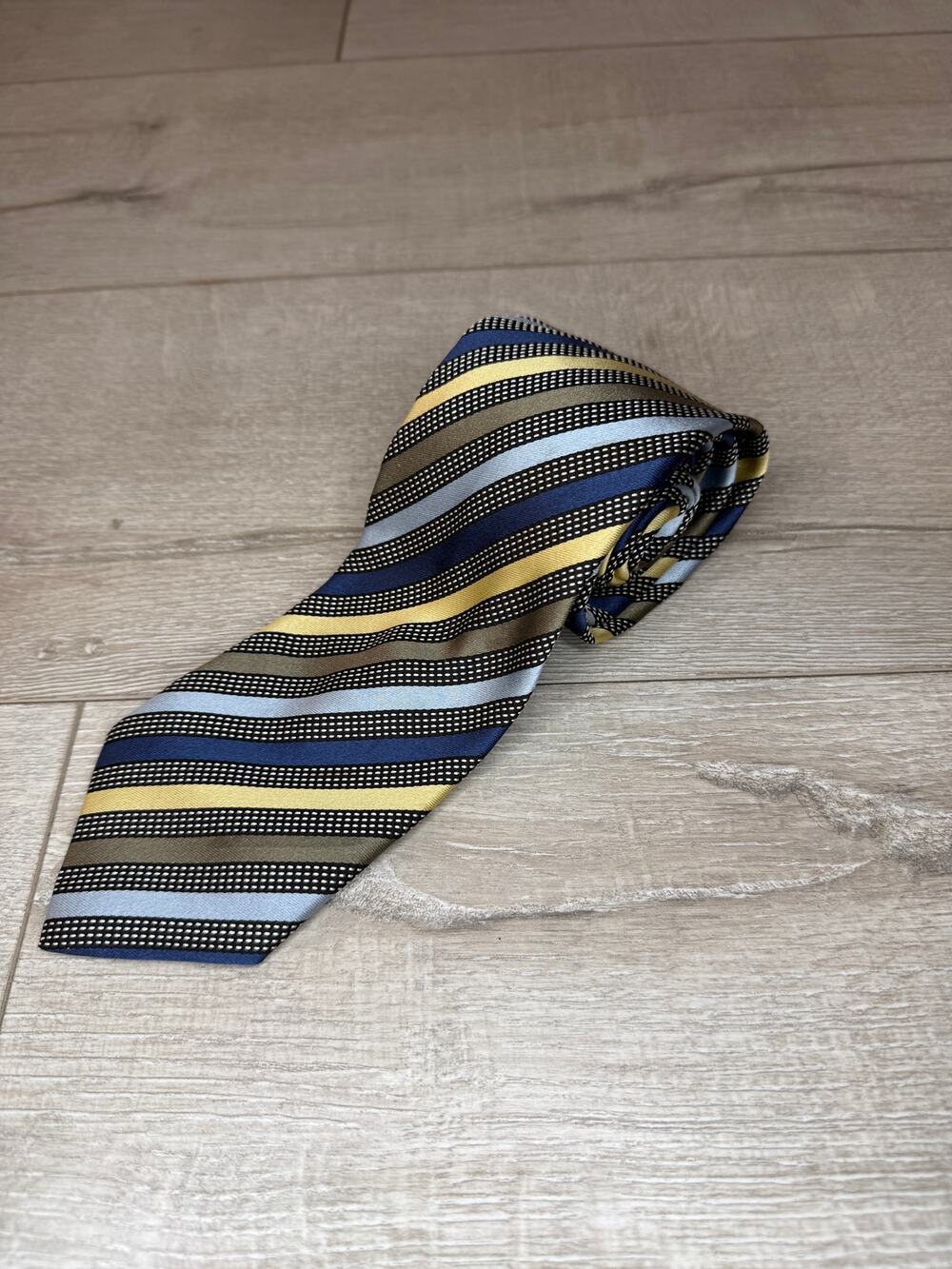 Prada Men's Silk Striped Necktie Blue Yellow Olive Made in Italy